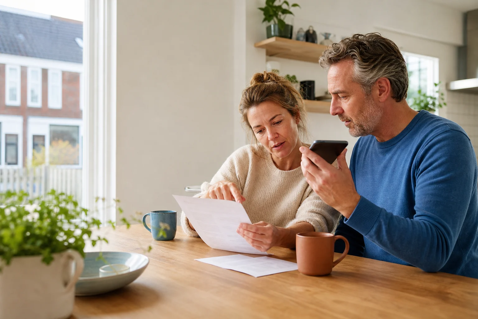Twee mensen bespreken thuis hun energierekening tijdens een telefoongesprek
